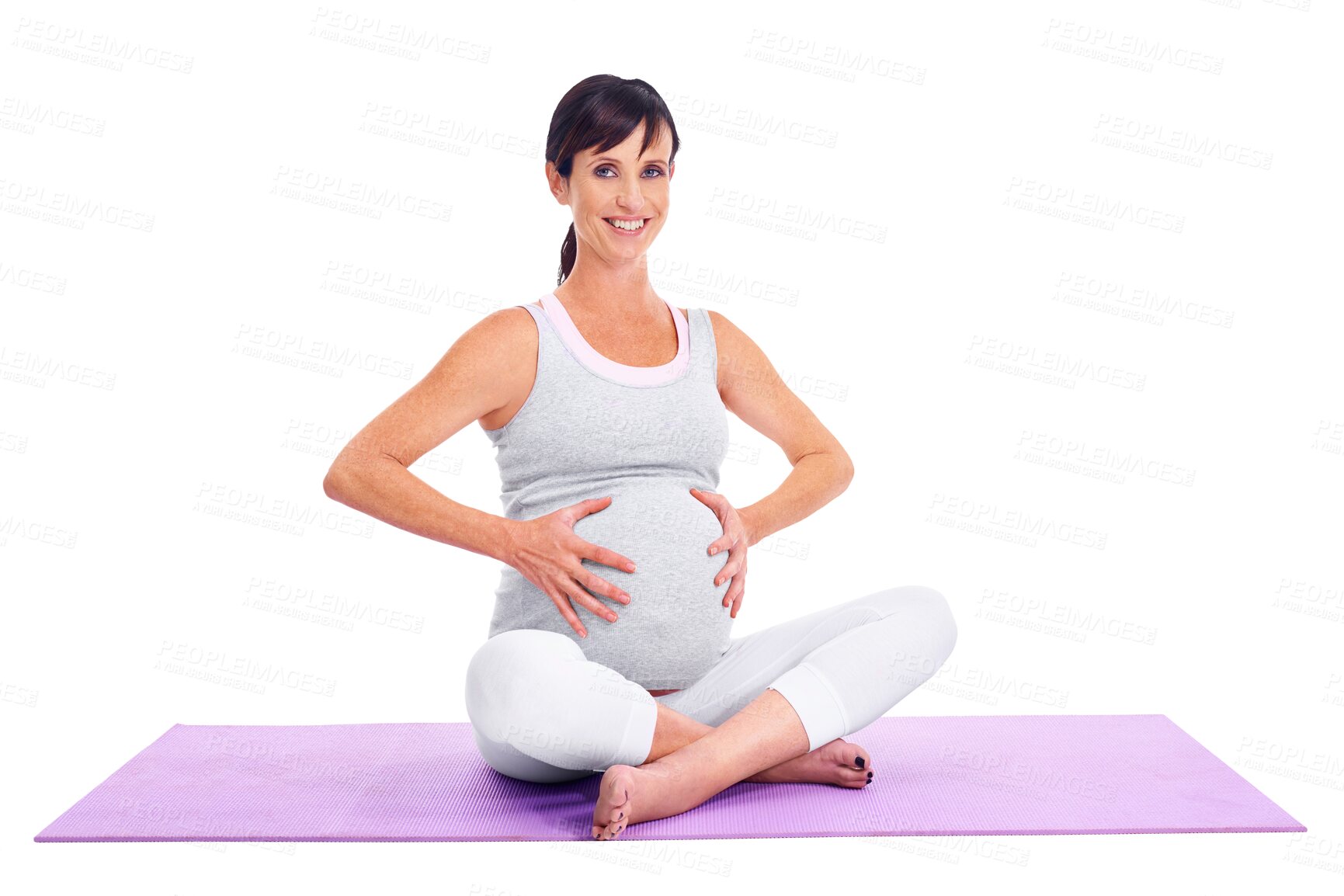 Buy stock photo Pregnant, yoga and a woman with hands on stomach isolated on transparent, png background. Female model person smile on a mat to exercise for a healthy pregnancy, fitness or health and wellness