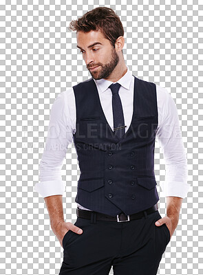 Buy stock photo Thinking, business and man with ideas, solution and confident employee isolated against a transparent background. Male person or handsome ceo in a suit, professional and problem solving with png