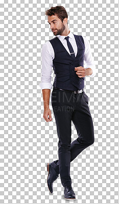 Buy stock photo Stylish, fashion and a thinking businessman for work isolated on a transparent png background. Working, ideas and a corporate man in professional workplace clothes with class, confidence and style