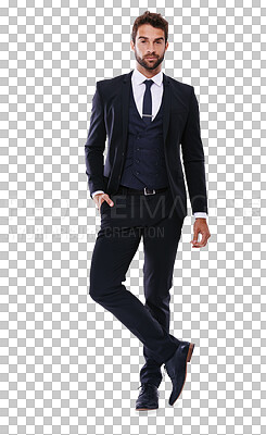 Buy stock photo Portrait, fashion and a handsome gentleman in a formal suit isolated on a transparent background for style. Groom, confident and classy with a young male model posing in smart or suave clothes on PNG