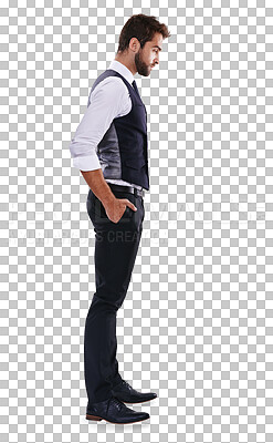 Buy stock photo Business, side view of a man with hands in his pocket and isolated against a transparent png background. Corporate male person thinking of ideas, decision and doubt of vision, memory and daydream