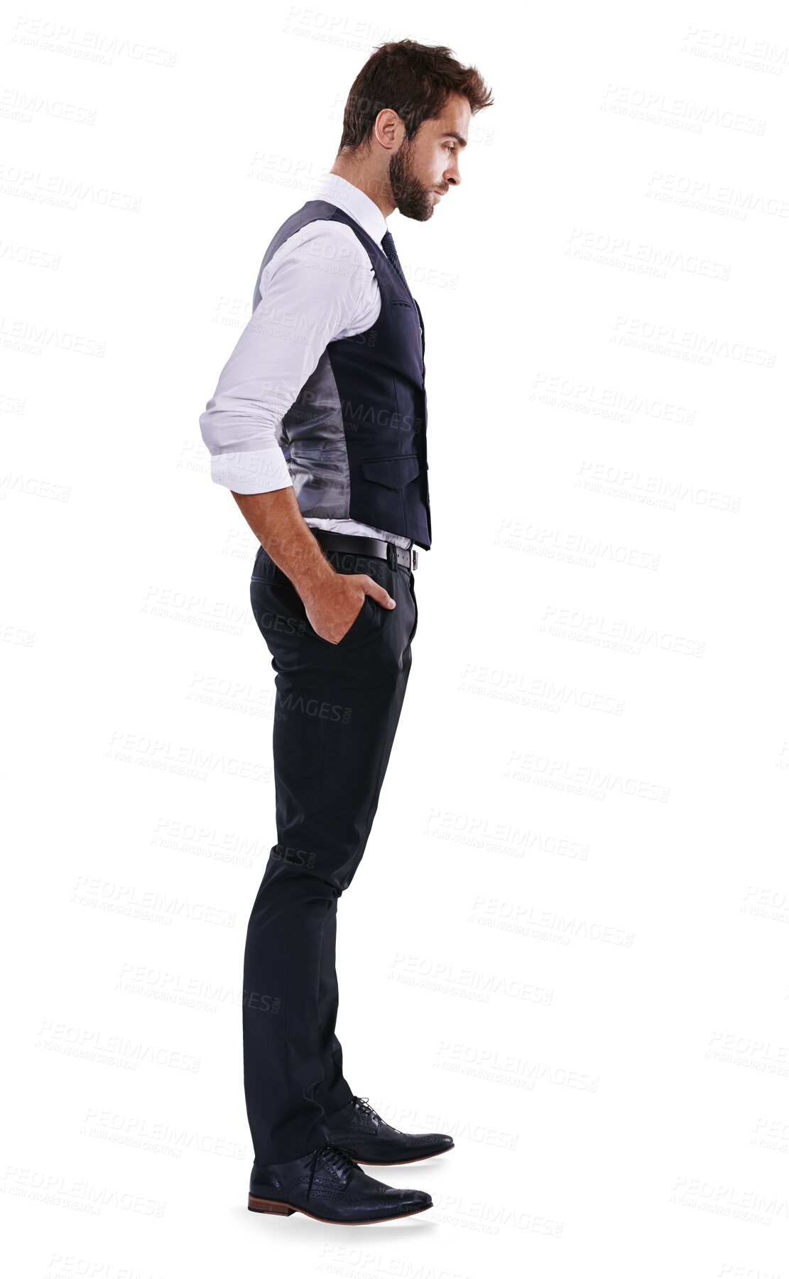 Buy stock photo Business, side view of a man with hands in his pocket and isolated against a transparent png background. Corporate male person thinking of ideas, decision and doubt of vision, memory and daydream