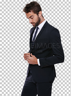 Buy stock photo Serious, stylish and a businessman in a suit for career isolated on a transparent png background. Thinking, ideas and a corporate and professional man in clothes for work fashion and the workplace