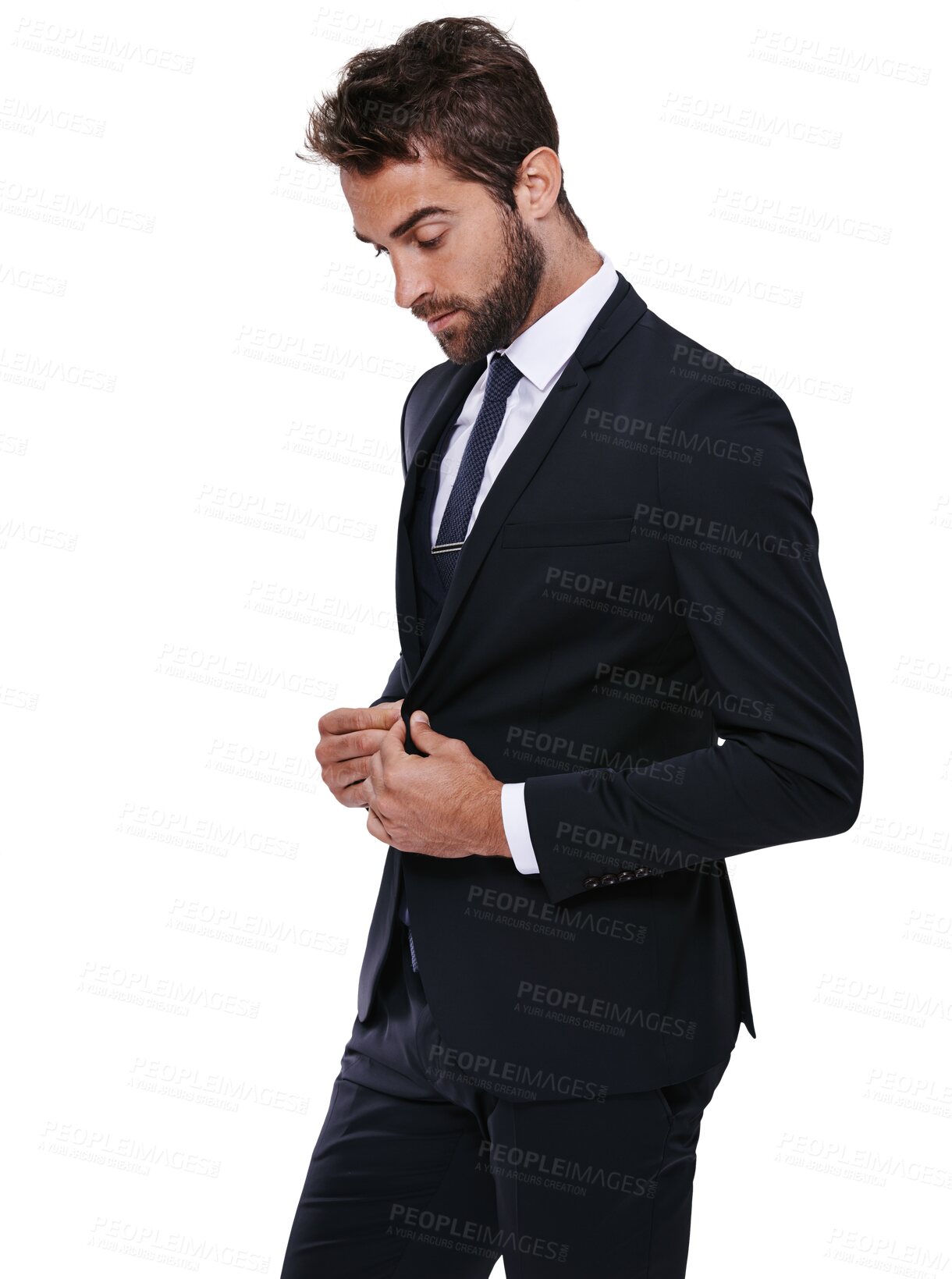 Buy stock photo Serious, stylish and a businessman in a suit for career isolated on a transparent png background. Thinking, ideas and a corporate and professional man in clothes for work fashion and the workplace