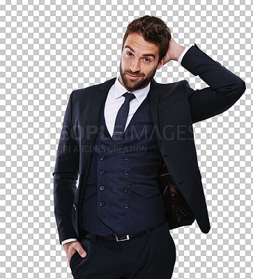 Buy stock photo Portrait, suit and a handsome gentleman in formal clothes isolated on a transparent background for style. Fashion, confident and classy with a young male model posing in smart clothing on PNG