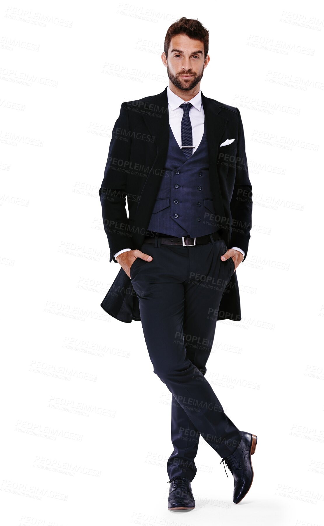 Buy stock photo Portrait, fashion and a gentleman full length in formal clothes isolated on a transparent background for style. Model, confident and classy with a handsome male person posing in smart clothing on PNG