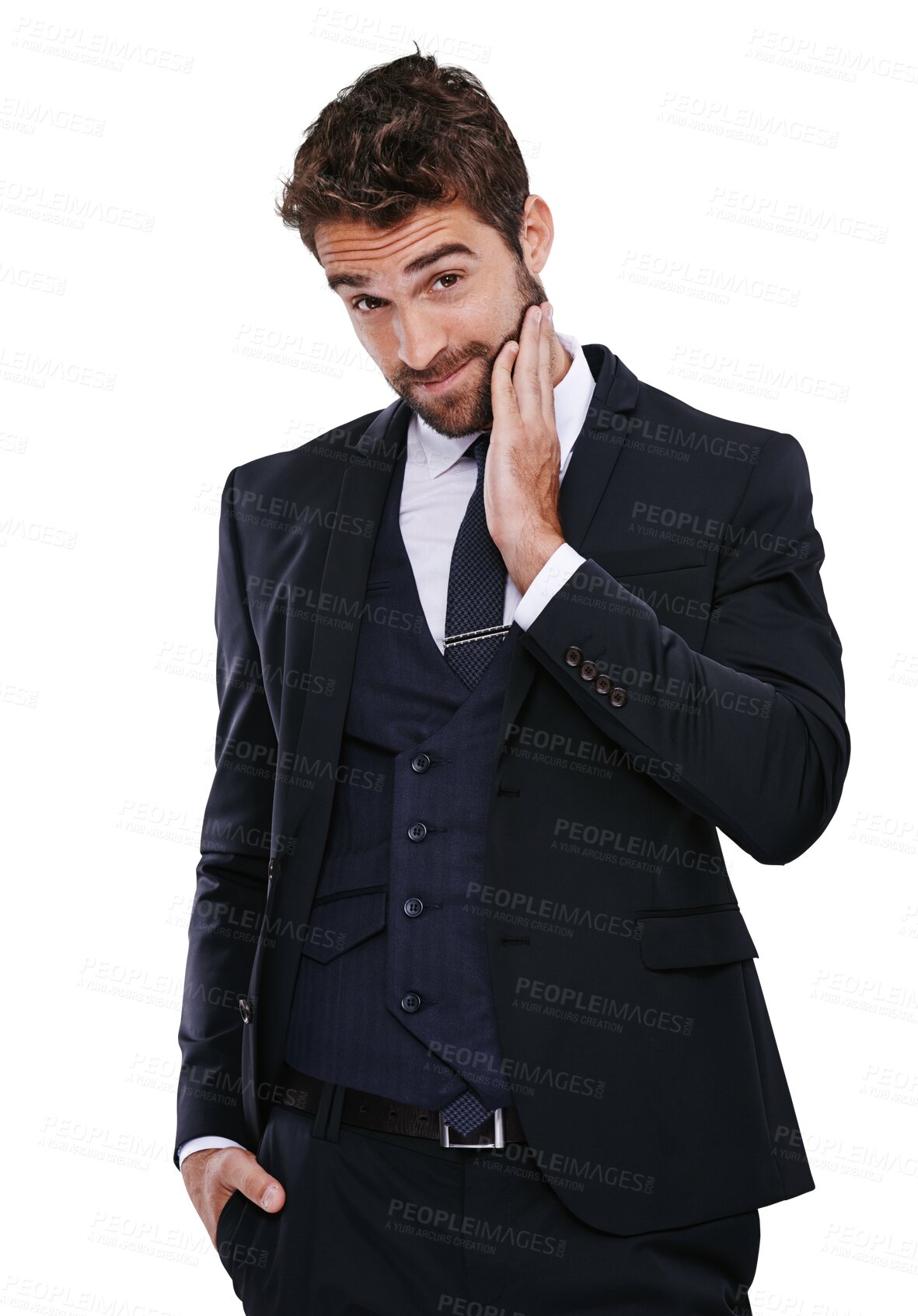 Buy stock photo Portrait, fashion and an doubt with a gentleman in formal clothes isolated on transparent background for style. Model, confident and classy with a young male person posing in smart clothing on PNG