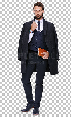 Buy stock photo Portrait, fashion and a gentleman with a book in formal clothes isolated on transparent background for financial reading. Journal, broker and young male businessman in smart executive clothing on PNG