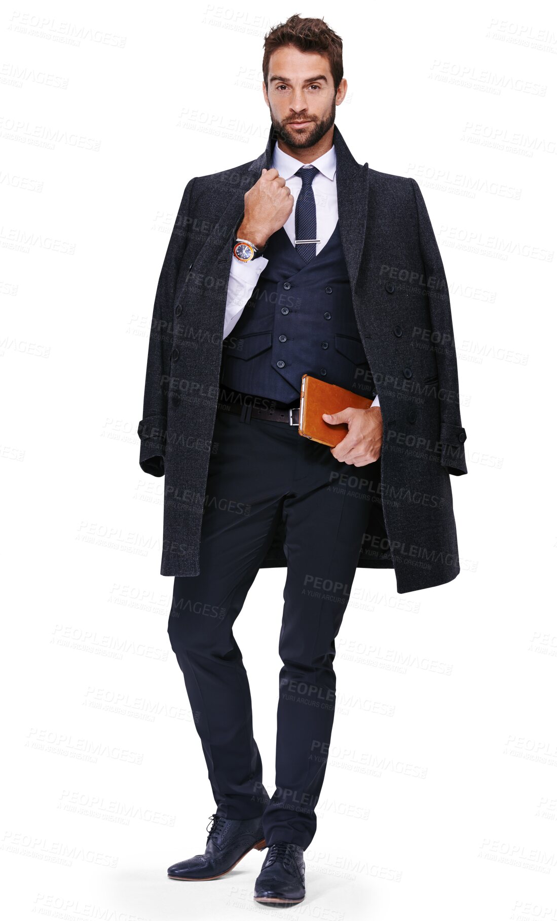 Buy stock photo Portrait, fashion and a gentleman with a book in formal clothes isolated on transparent background for financial reading. Journal, broker and young male businessman in smart executive clothing on PNG