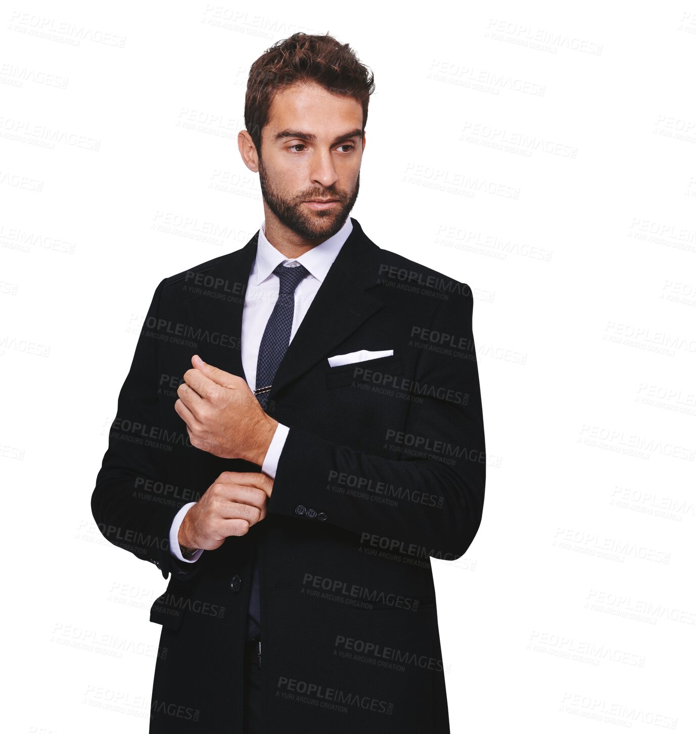 Buy stock photo Thinking, classy and a businessman in a suit for career isolated on a transparent png background. Working, ideas and a corporate and professional man in clothes for work fashion and the workplace