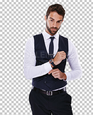 Buy stock photo Suit, fashion and handsome gentleman in formal clothes isolated on a transparent background for style. Shirt, confident or classy young male model thinking while holding cuff of smart clothing on PNG