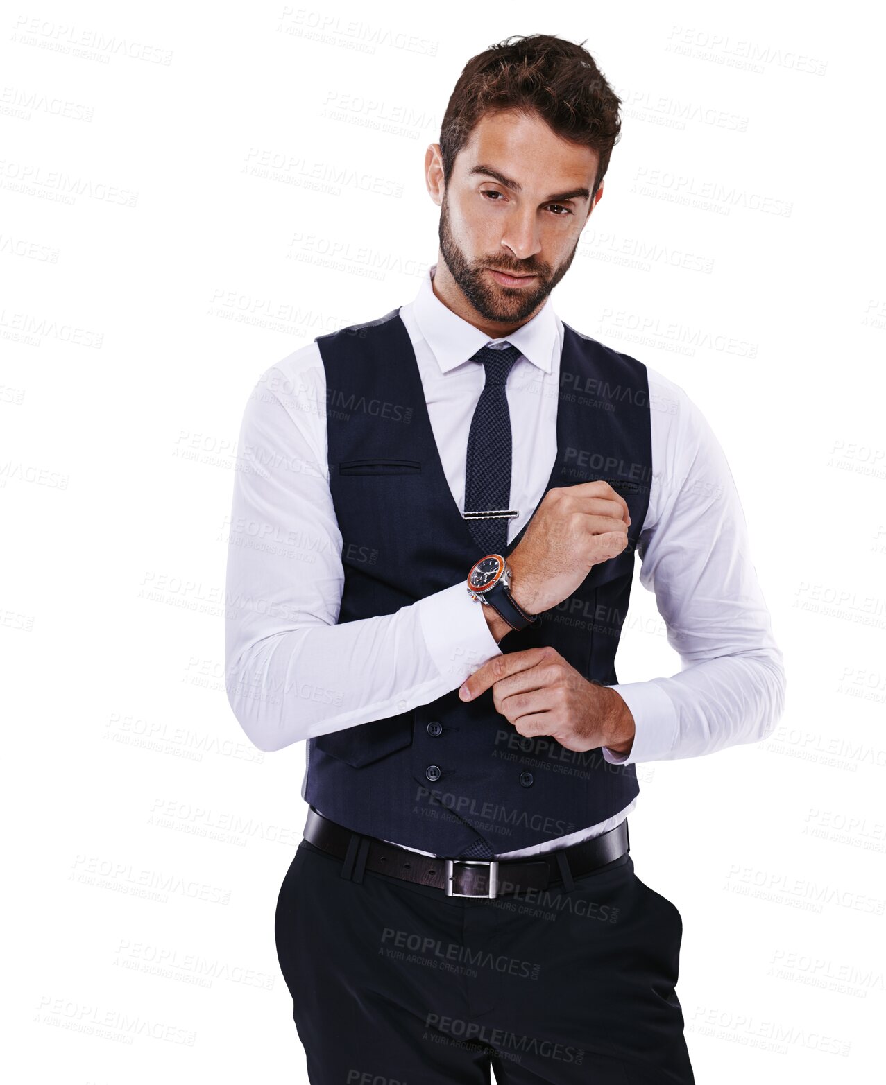Buy stock photo Suit, fashion and handsome gentleman in formal clothes isolated on a transparent background for style. Shirt, confident or classy young male model thinking while holding cuff of smart clothing on PNG