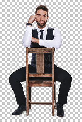 Buy stock photo Portrait, fashion and a handsome gentleman on a chair in formal attire isolated on transparent background for style. Model, confident and a classy young male person sitting in smart clothes on PNG
