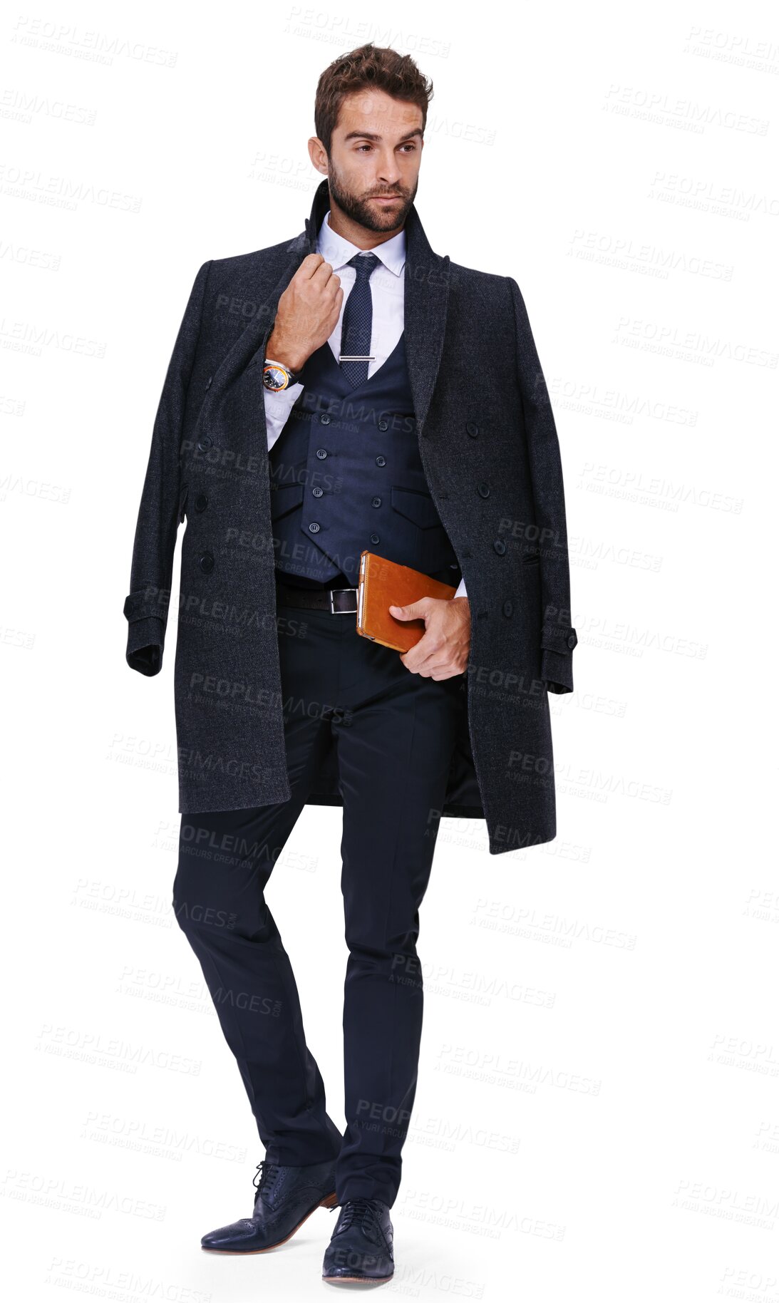 Buy stock photo Thinking, suit and a businessman with a book for work isolated on a transparent png background. Ideas, stylish and a corporate and professional lawyer ready to start a career in law with a notebook