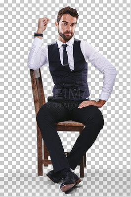 Buy stock photo Portrait, fashion and a handsome man on a chair isolated on a transparent background to model formal attire. Confident, style and suave with a young male person sitting in smart clothes on PNG