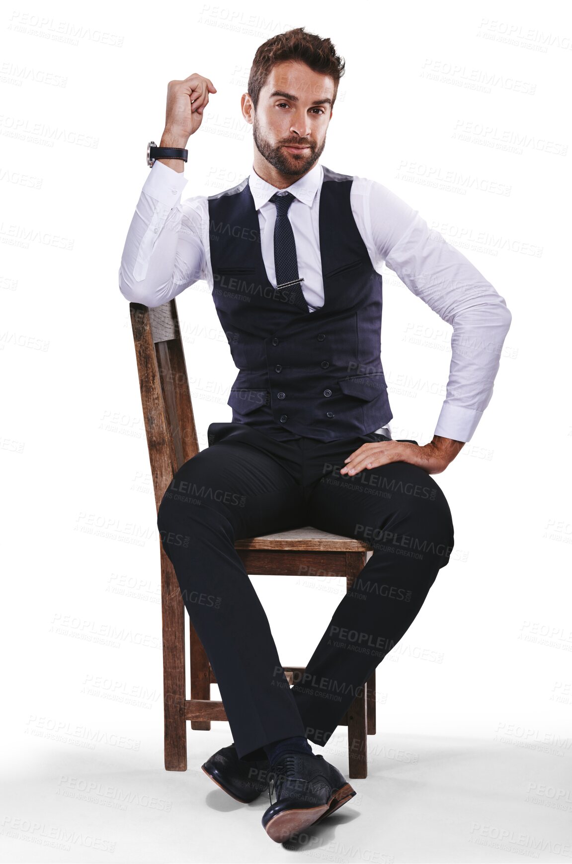 Buy stock photo Portrait, fashion and a handsome man on a chair isolated on a transparent background to model formal attire. Confident, style and suave with a young male person sitting in smart clothes on PNG