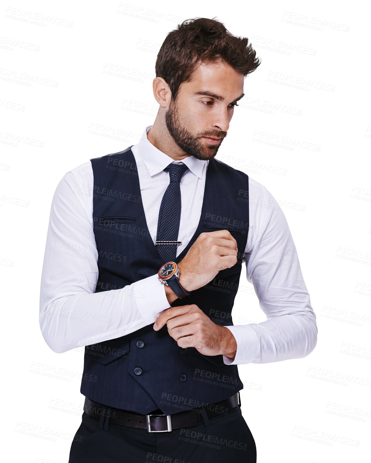 Buy stock photo Thinking, stylish and a businessman in a shirt for confidence isolated on a transparent png background. Serious, ideas and a professional, corporate man or employee with fashion for the workplace