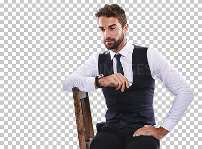 Buy stock photo Fashion, thinking and man on a chair with formal, stylish and elegant handsome outfit. Dreaming, attractive and young male model with classy, trendy suit style isolated by transparent png background.