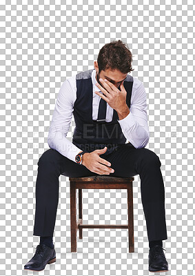 Buy stock photo Tired, headache and a sad businessman on a chair for work burnout, financial or tax mistake. Fatigue, depression and a man in finance with a debt problem isolated on a transparent png background