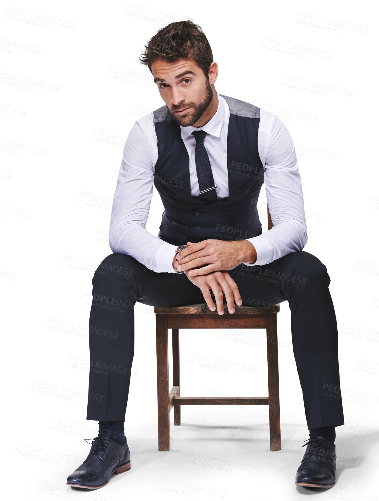 Buy stock photo Portrait, fashion and a handsome gentleman on a chair in classy suit waiting isolated on transparent background. Formal, serious and young groom sitting with watch in smart clothes for wedding on PNG