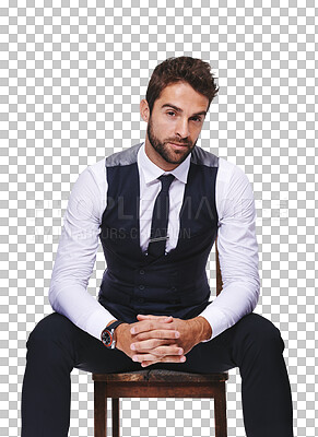 Buy stock photo Portrait, fashion and a handsome man on a chair in formal clothes isolated on transparent background for style. Gentleman, confident and classy with a young male model posing in smart clothing on PNG