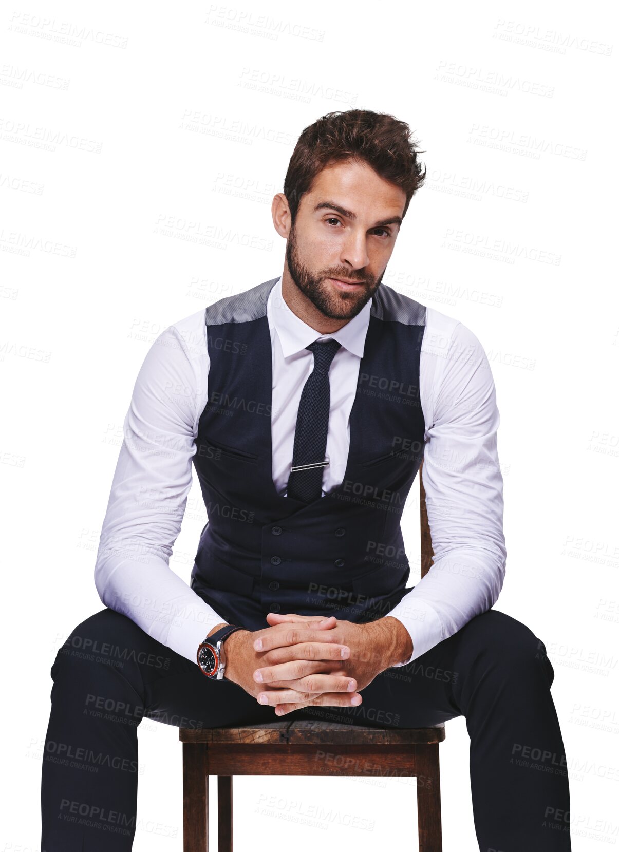 Buy stock photo Portrait, fashion and a handsome man on a chair in formal clothes isolated on transparent background for style. Gentleman, confident and classy with a young male model posing in smart clothing on PNG