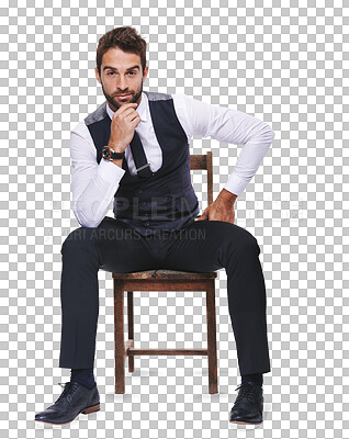 Buy stock photo Portrait, fashion and a confident man on a chair in formal clothes isolated on transparent background for style. Handsome, confident or classy with a young male model sitting in smart clothing on PNG