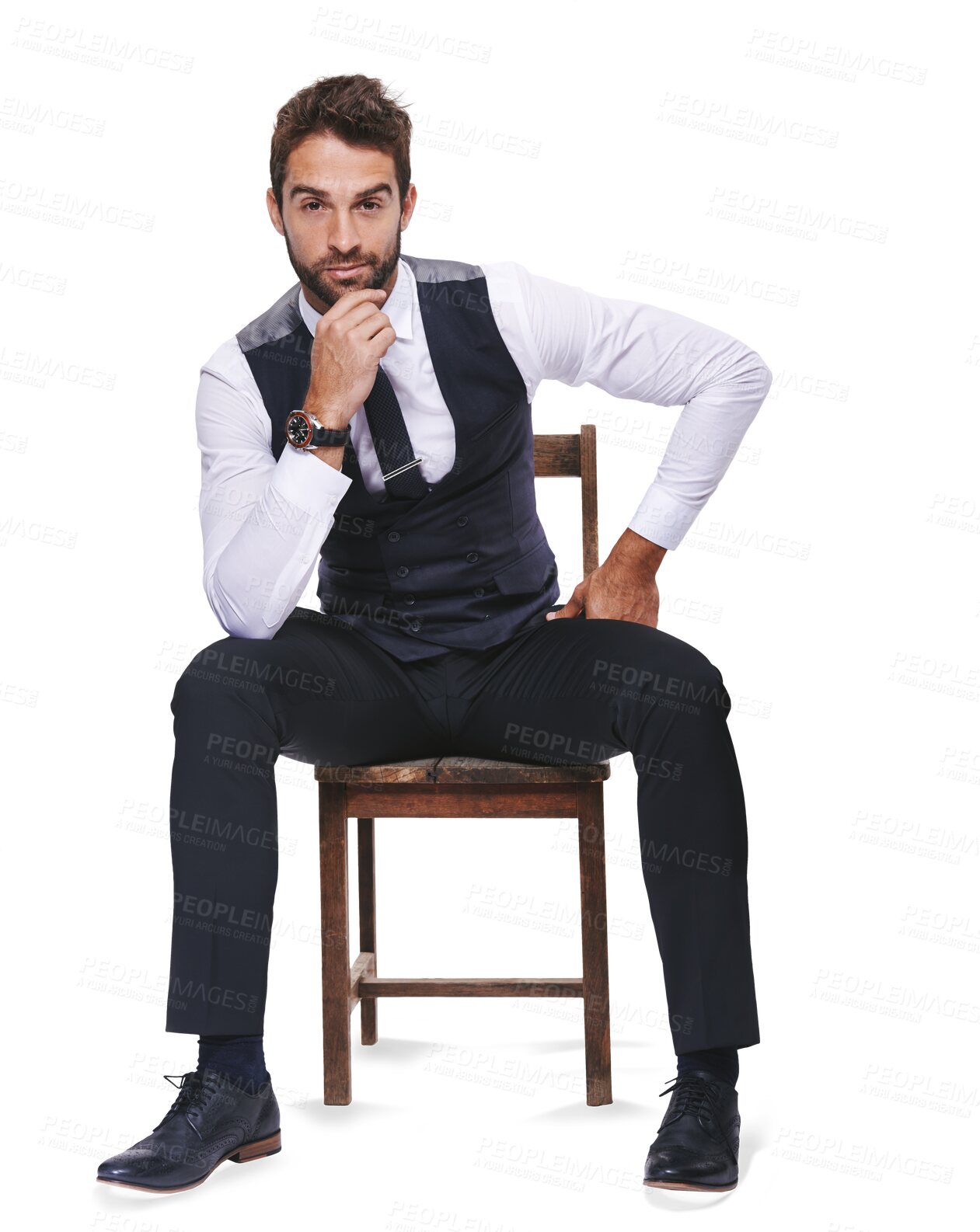 Buy stock photo Portrait, fashion and a confident man on a chair in formal clothes isolated on transparent background for style. Handsome, confident or classy with a young male model sitting in smart clothing on PNG