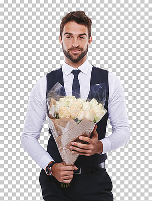 Buy stock photo Portrait, fashion and a handsome gentleman with flowers in formal clothes isolated on a transparent background. Love, gift and romantic date with a classy young male model holding a bouquet on PNG