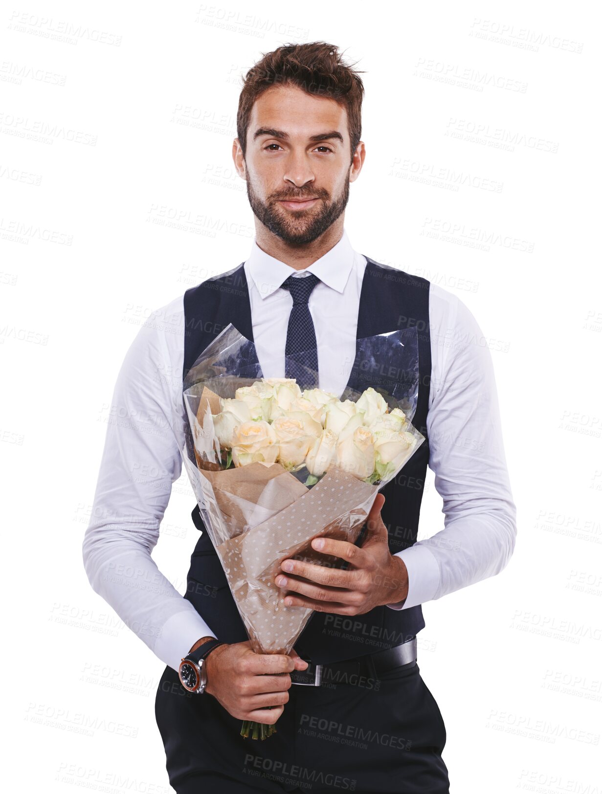 Buy stock photo Portrait, fashion and a handsome gentleman with flowers in formal clothes isolated on a transparent background. Love, gift and romantic date with a classy young male model holding a bouquet on PNG