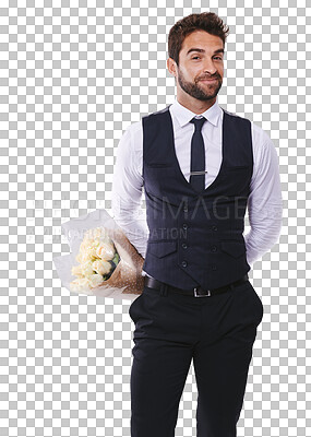 Buy stock photo Portrait, fashion and flowers with handsome gentleman in formal clothes isolated on transparent background for romance. Valentines day, gift and a classy young male model holding a bouquet on PNG