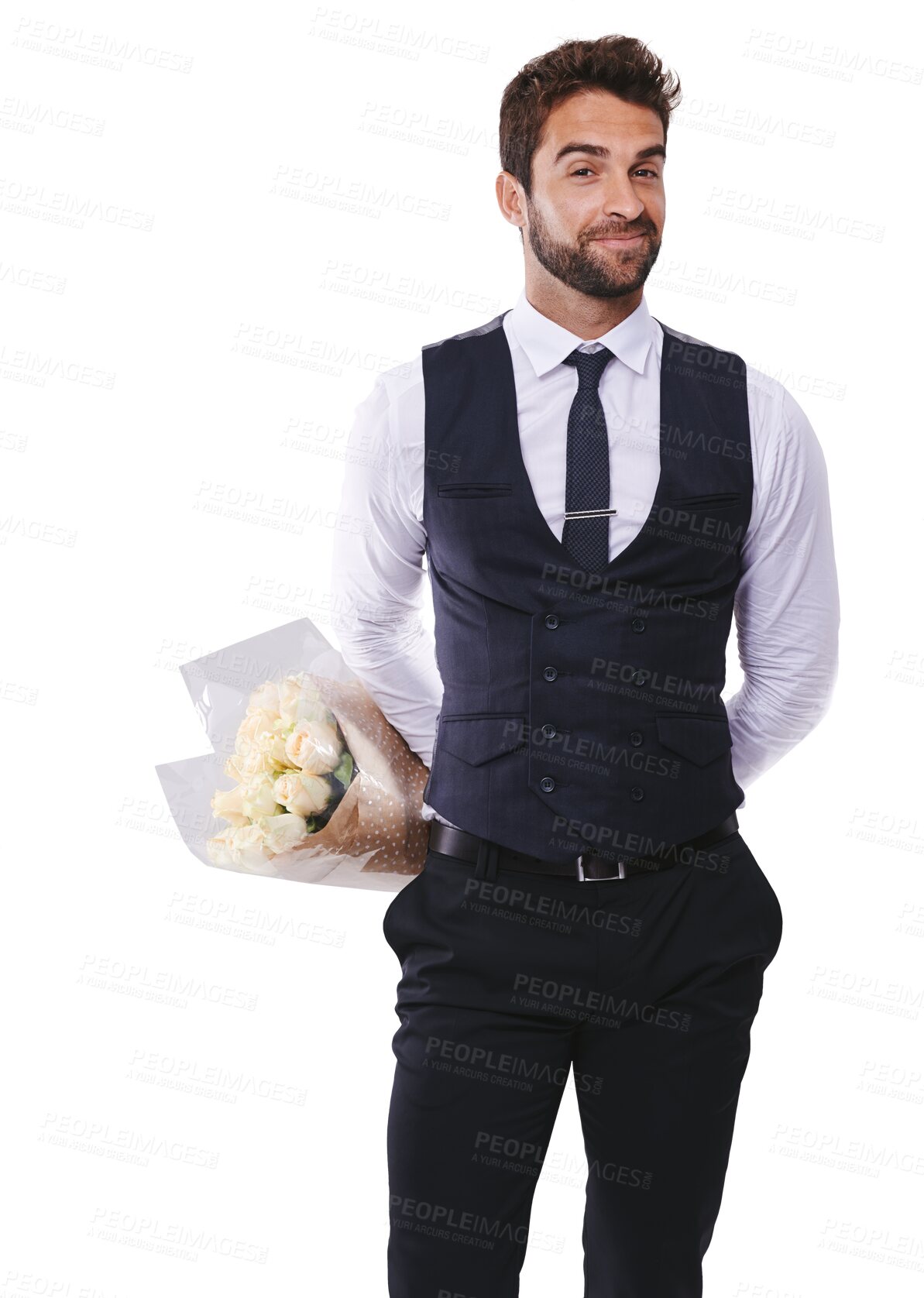 Buy stock photo Portrait, fashion and flowers with handsome gentleman in formal clothes isolated on transparent background for romance. Valentines day, gift and a classy young male model holding a bouquet on PNG