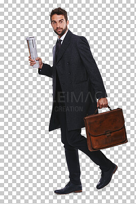 Buy stock photo Work, business and man with a briefcase for professional, job and corporate worker with a newspaper on isolated, transparent or png background. Businessman in a suit, walking and leather bag or paper