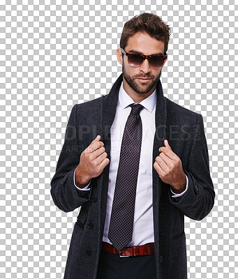 Buy stock photo Portrait, fashion and sunglasses with a handsome gentleman in formal clothes isolated on a transparent background. Style, confident and classy with a young male model posing in smart clothing on PNG