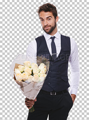 Buy stock photo Portrait, fashion and flowers with a romantic gentleman in formal clothes isolated on a transparent background. Love, romance and dating with a handsome young male model holding a gift bouquet on PNG