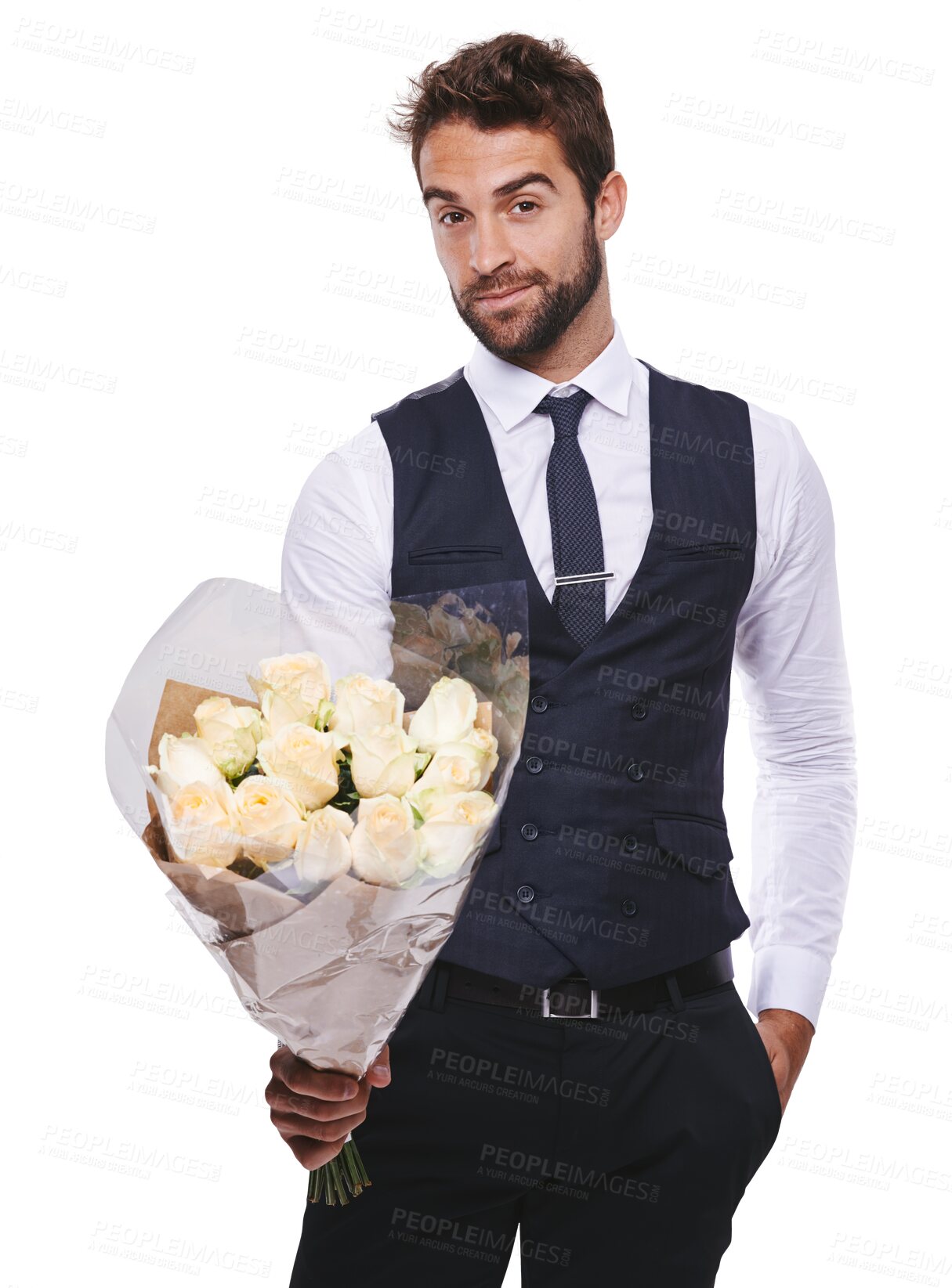 Buy stock photo Portrait, fashion and flowers with a romantic gentleman in formal clothes isolated on a transparent background. Love, romance and dating with a handsome young male model holding a gift bouquet on PNG