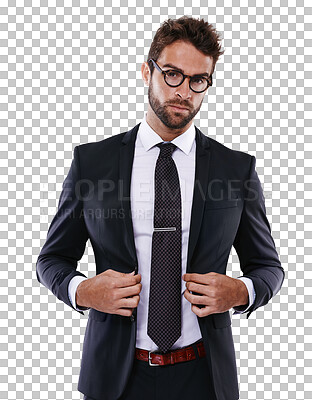 Buy stock photo Portrait, glasses and serious businessman isolated on a transparent png background. Face, corporate fashion and male model from Australia in stylish, trendy and classy outfit, suit or cool clothes