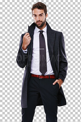 Buy stock photo Portrait, fashion and a handsome gentleman in business attire isolated on a transparent background for style. Model, confident and classy with a young male professional posing in smart clothes on PNG