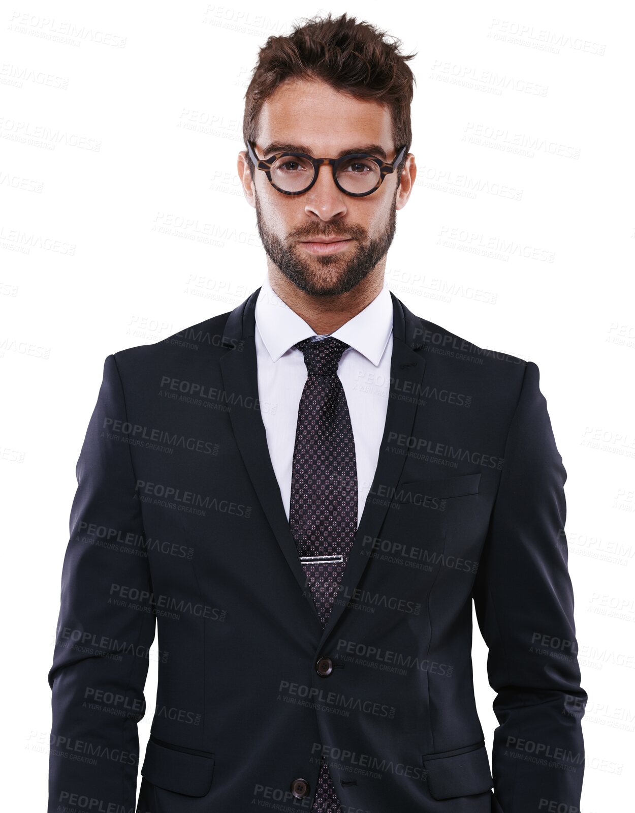 Buy stock photo Fashion, serious portrait and business man isolated on a transparent png background. Glasses, corporate face and professional from Australia in stylish, trendy and classy outfit, suit or cool clothes