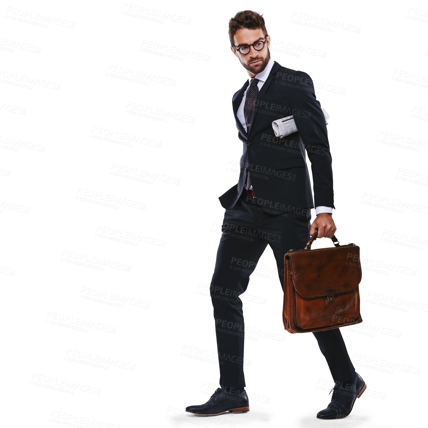 Buy stock photo Business, work and man with a briefcase for professional, job and corporate worker with a newspaper on isolated, transparent or png background. Businessman, suit and entrepreneur walking with bag 