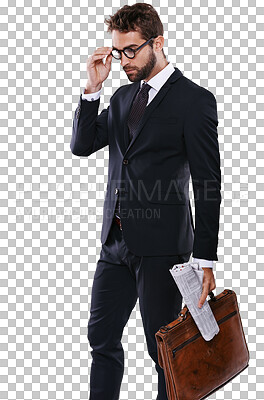 Buy stock photo Style, lawyer and man with a briefcase for job, professional and corporate worker with a newspaper on isolated, transparent or png background. Businessman in a suit, glasses and leather, bag or paper