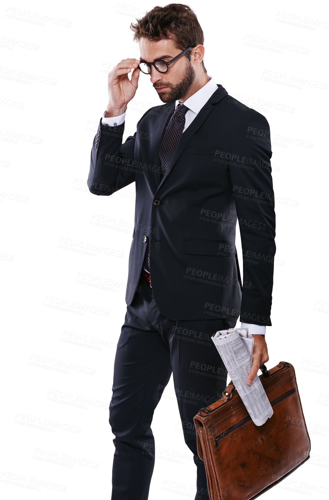 Buy stock photo Style, lawyer and man with a briefcase for job, professional and corporate worker with a newspaper on isolated, transparent or png background. Businessman in a suit, glasses and leather, bag or paper