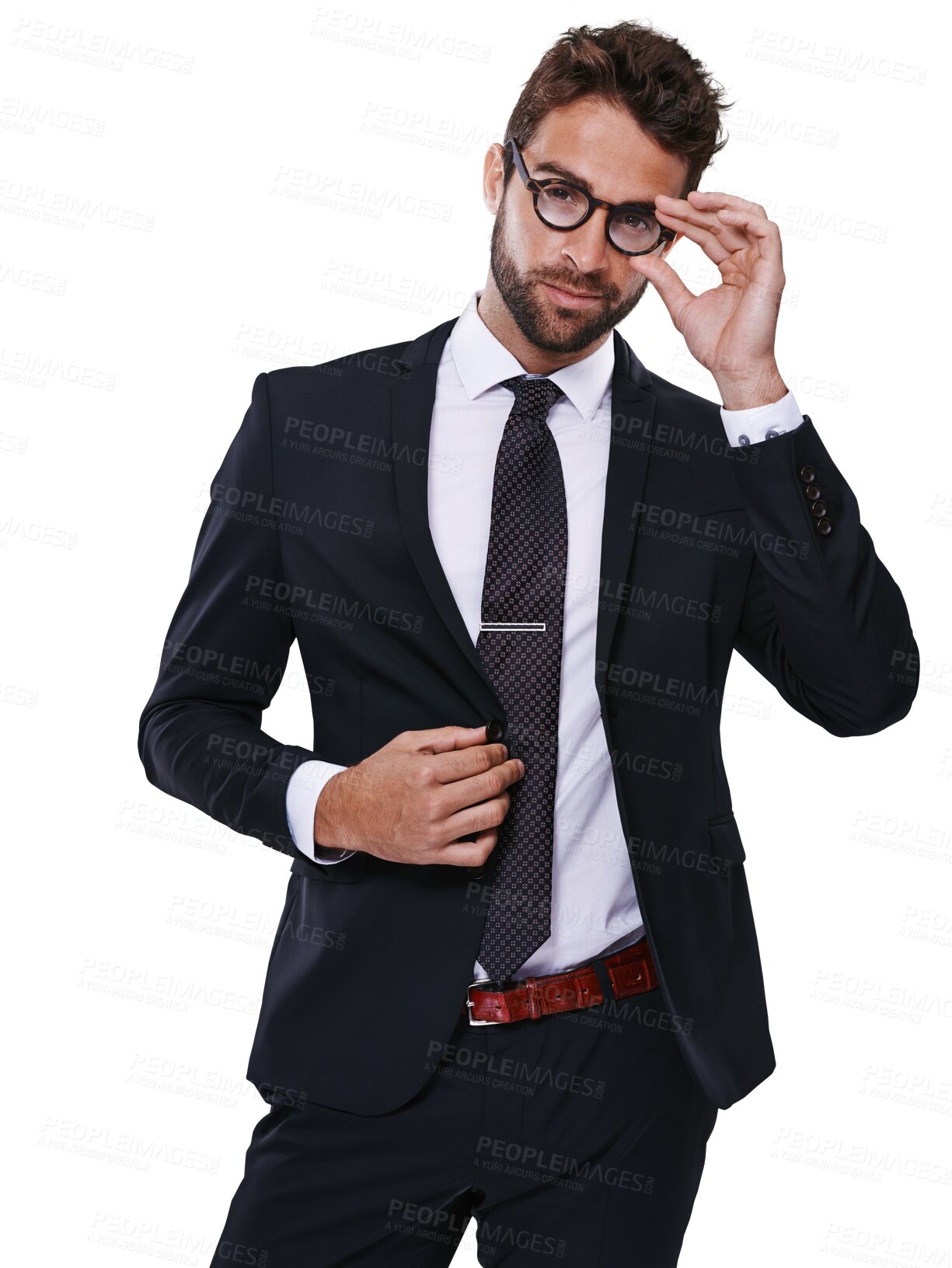 Buy stock photo Fashion glasses, portrait and business man isolated on a transparent png background. Confidence, corporate and male model from Australia in stylish, trendy and classy outfit, suit or cool clothes.