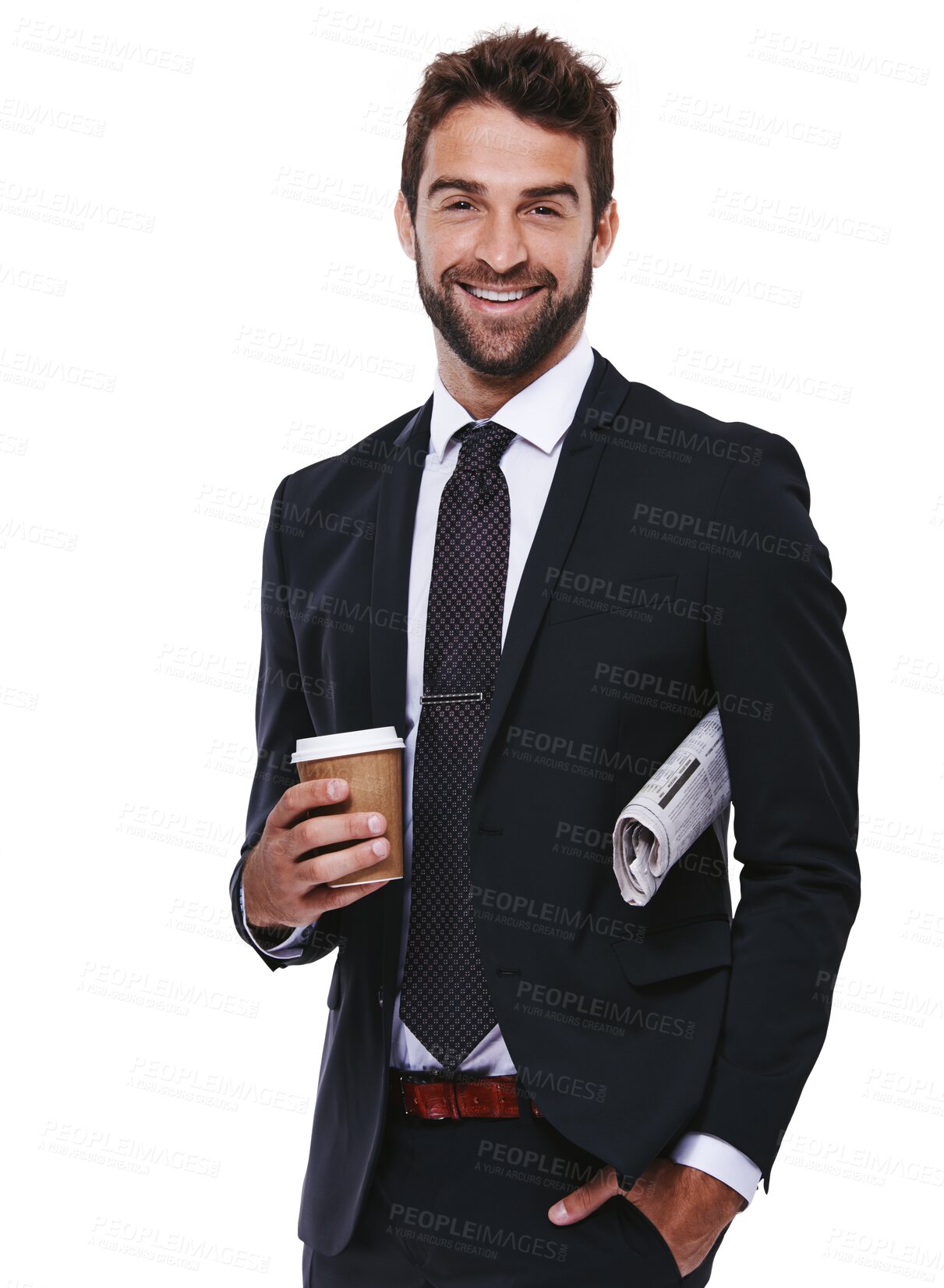 Buy stock photo Happy, portrait of a businessman with coffee and newspaper isolated against a transparent png background. Accountant or broker, smile with hot beverage and cheerful or excited man with paper 