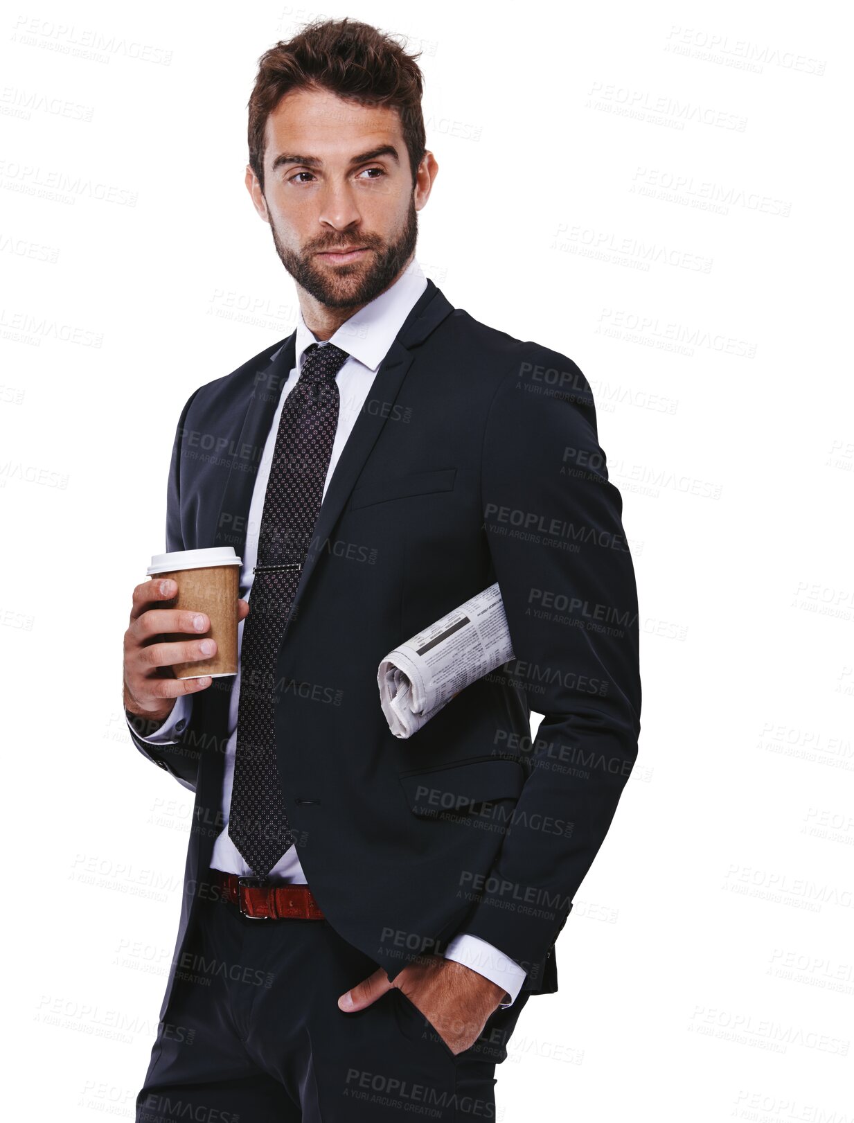 Buy stock photo Thinking, coffee and newspaper with a business man walking isolated on a transparent background. Idea, fashion and news with a handsome male corporate employee in formal or suave clothes on PNG