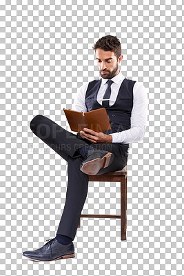 Buy stock photo Isolated business man, reading and book in chair with focus, learning and transparent png background. Young businessman, learning and information for education, mindset and relax with literature