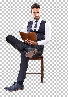 Buy stock photo Thinking, serious and a businessman reading a book for law career, legal research and information. Ideas, stylish and a professional lawyer with a notebook isolated on a transparent png background