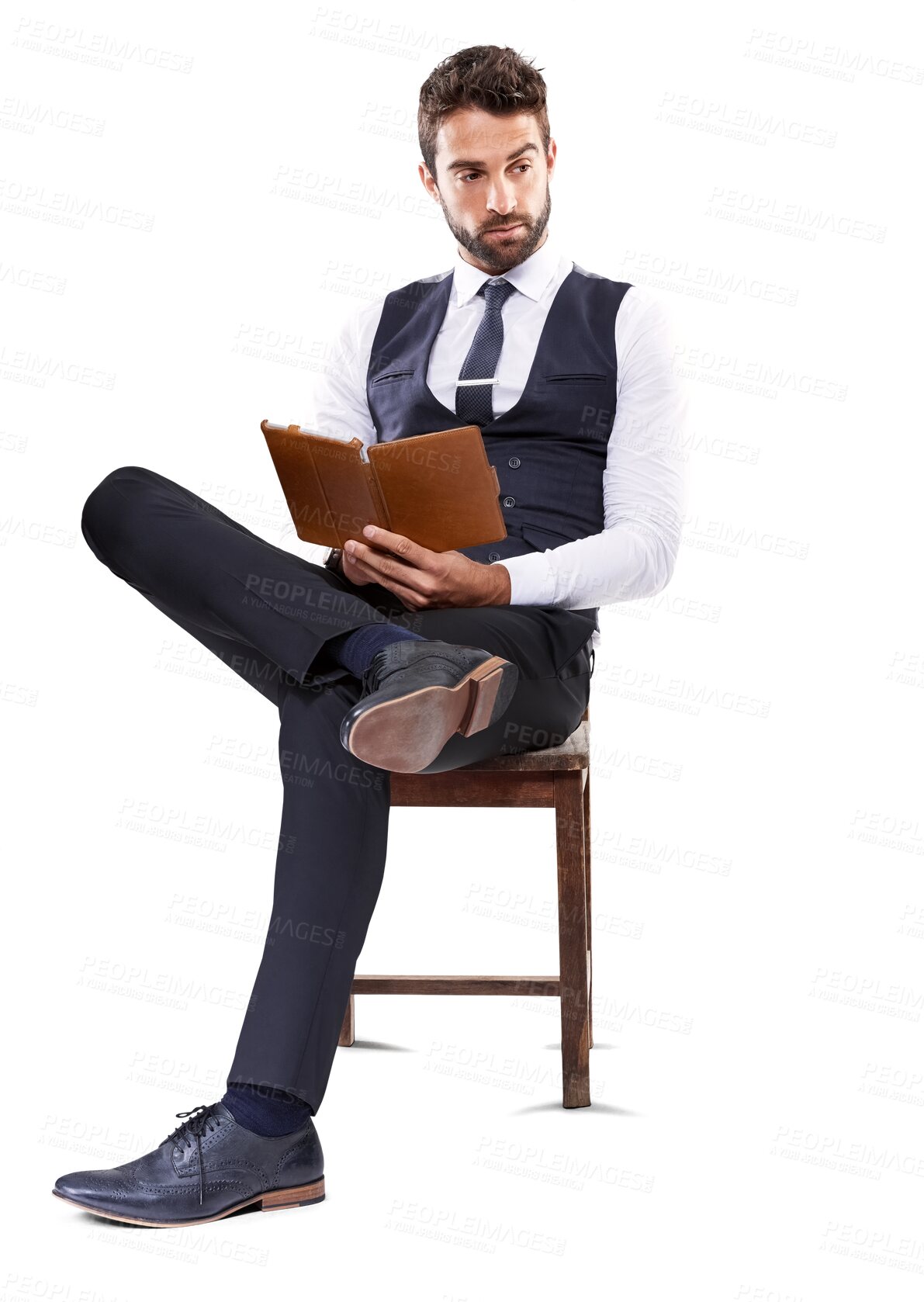 Buy stock photo Thinking, serious and a businessman reading a book for law career, legal research and information. Ideas, stylish and a professional lawyer with a notebook isolated on a transparent png background