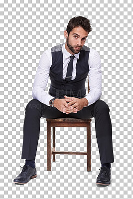 Buy stock photo Fashion, portrait and business man on chair isolated on a transparent png background. Confidence, serious and male entrepreneur, professional or person from Canada with style, classy clothes and cool