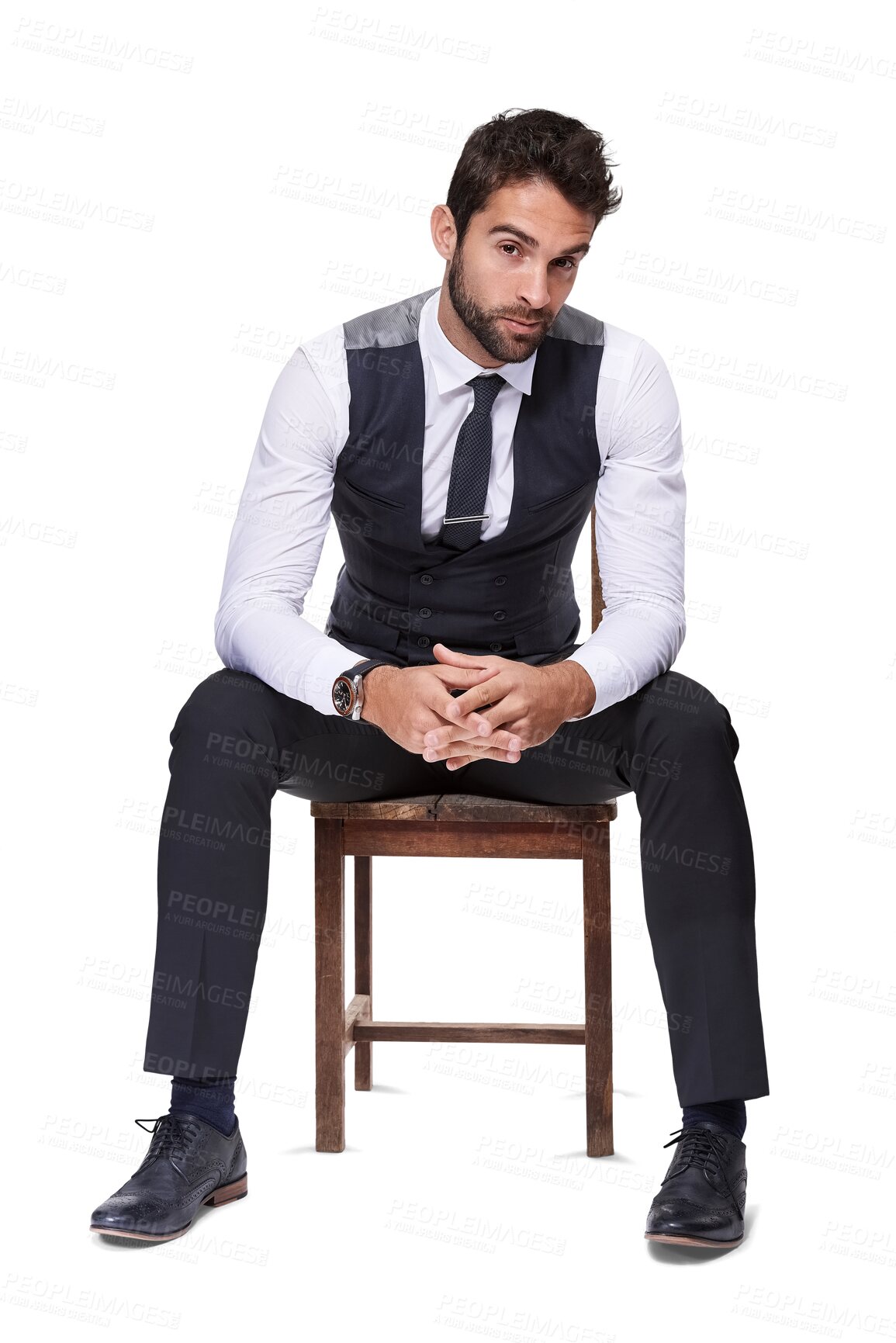 Buy stock photo Fashion, portrait and business man on chair isolated on a transparent png background. Confidence, serious and male entrepreneur, professional or person from Canada with style, classy clothes and cool